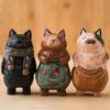 Handgefertigte Niedliche Katze Holzschnitzerei Ornamente, Bemalte Holzkatzenfiguren, Holz Niedliche Katze Desktop Dekoration, Glückskatze Skulptur