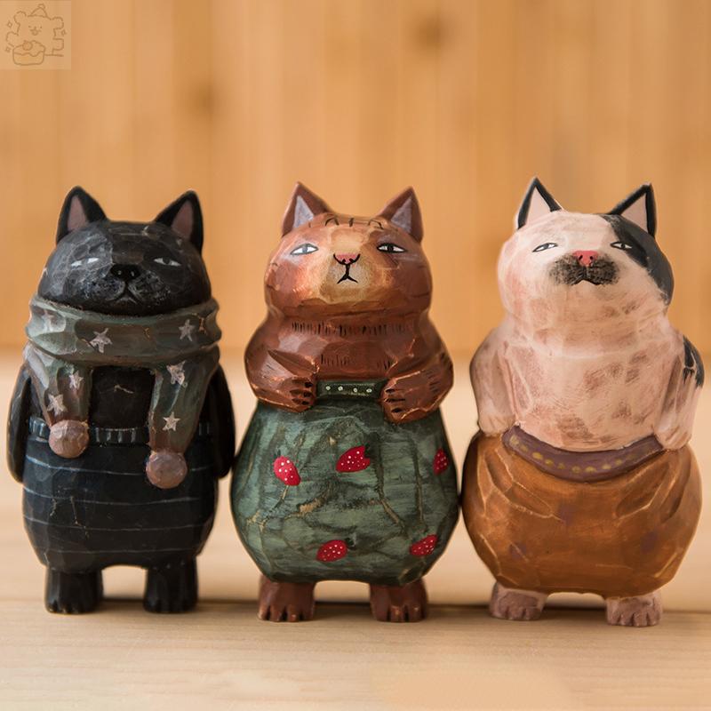 Handgefertigte Niedliche Katze Holzschnitzerei Ornamente, Bemalte Holzkatzenfiguren, Holz Niedliche Katze Desktop Dekoration, Glückskatze Skulptur