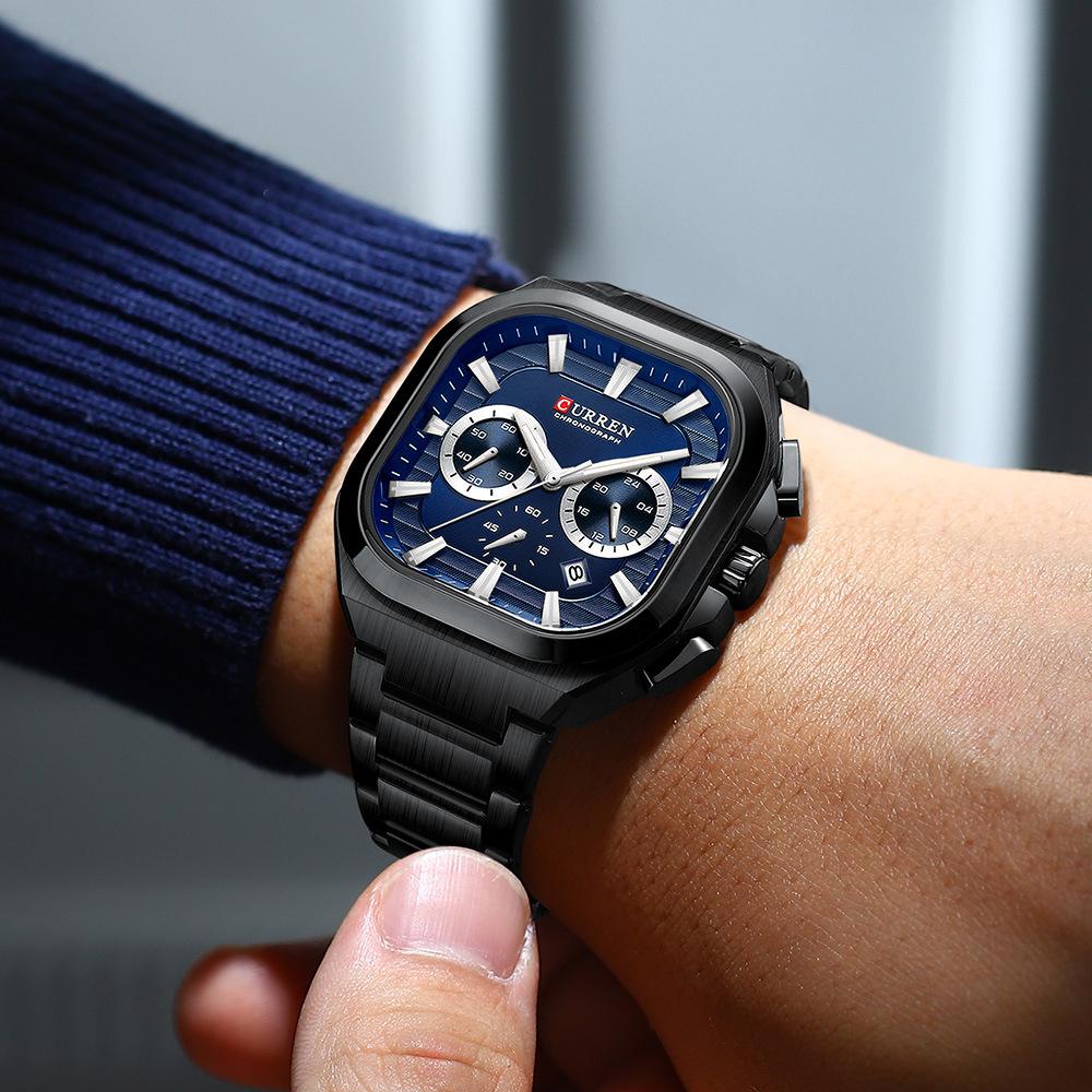 Mens Square Chronograph Watches Stainless Steel Wrist Watch with Date Luminous Hands Waterproof