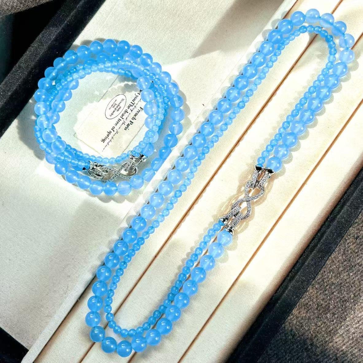 

Vintage Aquamarine Quartzite Jade Double Layer Removable Necklace Sweater Chain Collarbone Chain