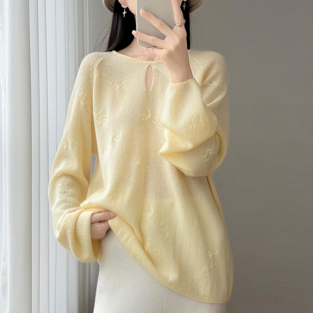 Women's Pure Wool Loose Pullover Sweater - Willow Leaf Embroidered Round Neck Knitwear