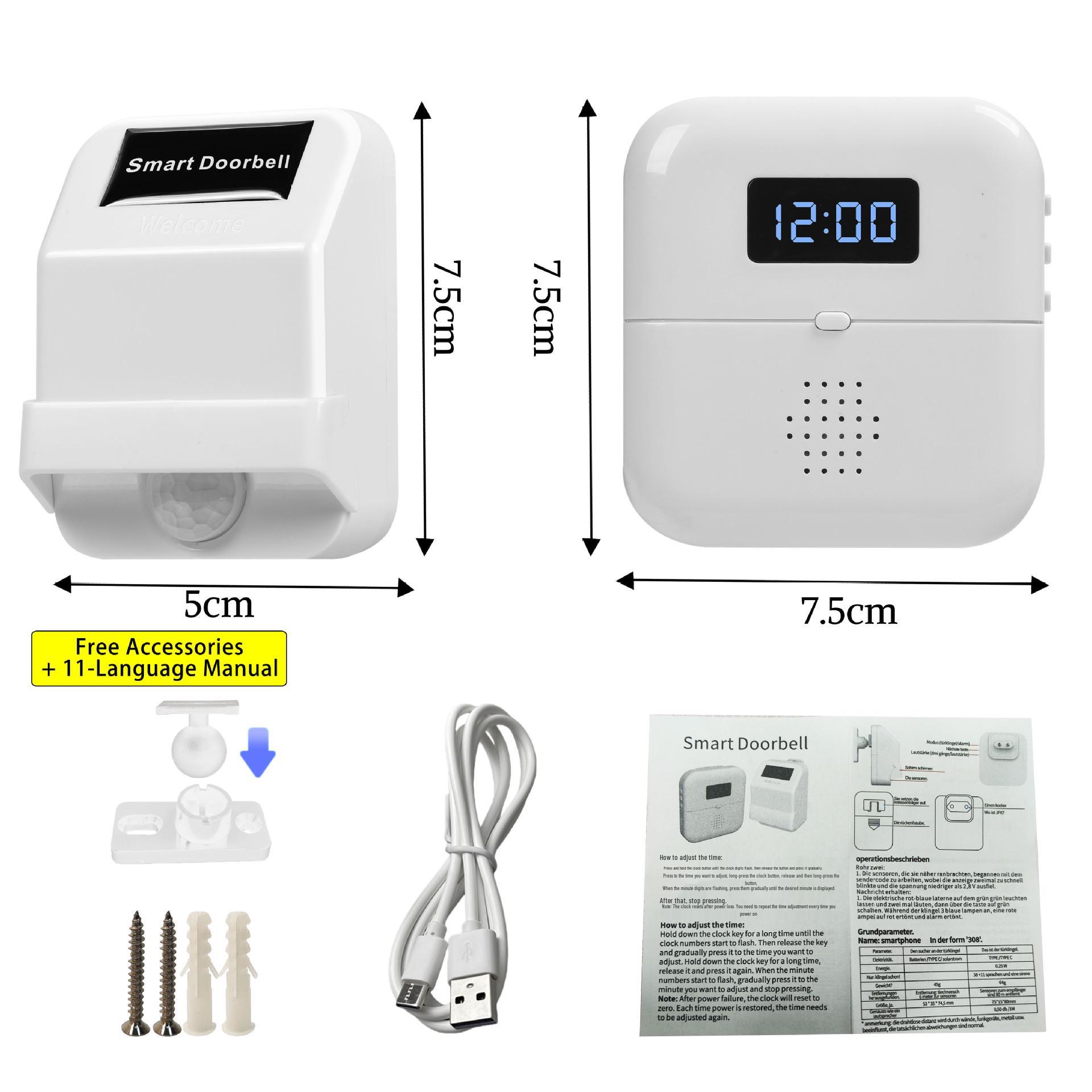 Smart Infrared Sensing Doorbell with Time Display, Multiple Ringtones, and LED Flash Reminder.
