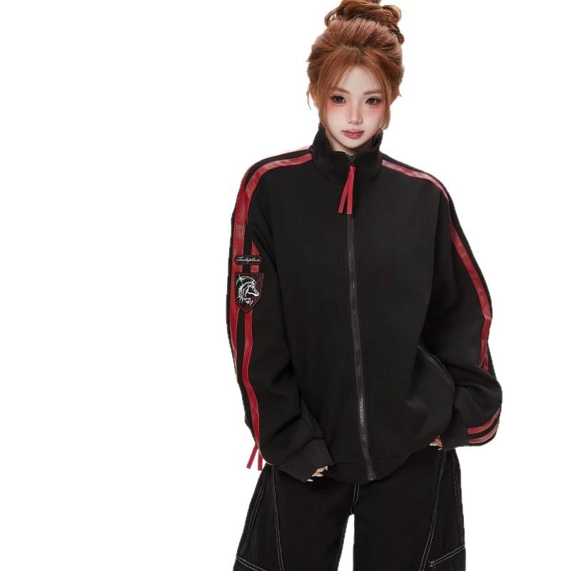 Y2K Vintage Striped Patchwork Jacket Women Stand Collar Streetwear Casual Retro Outerwear