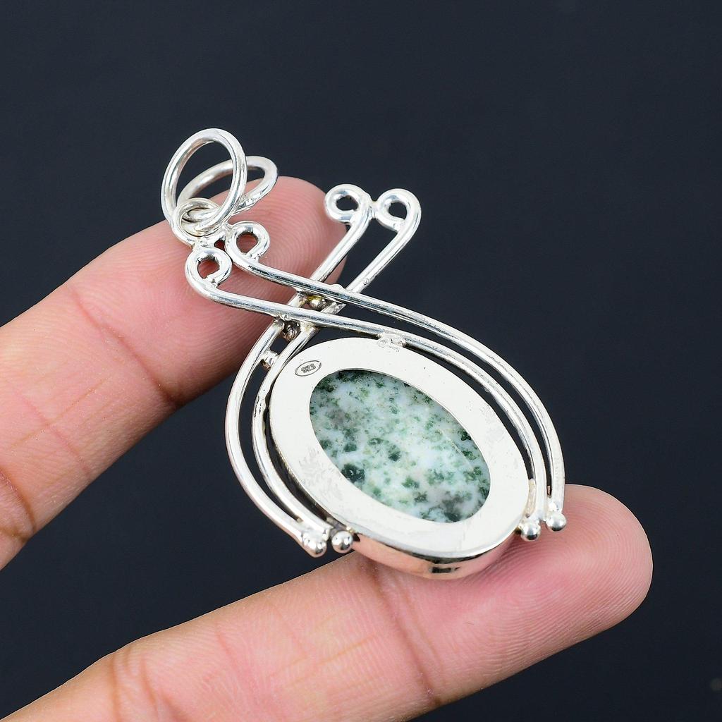 Birthday Gift For Her Natural Tree Agate Gemstone Pendant 925 Sterling Silver