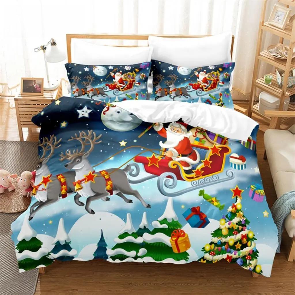 Weihnachts-Bettbezug-Set mit Weihnachtsmann-Motiv, Weihnachtsschlitten-Bettwäsche-Set, weich, bequem, atmungsaktiv, Bettbezug für Schlafzimmer und Gästezimmer