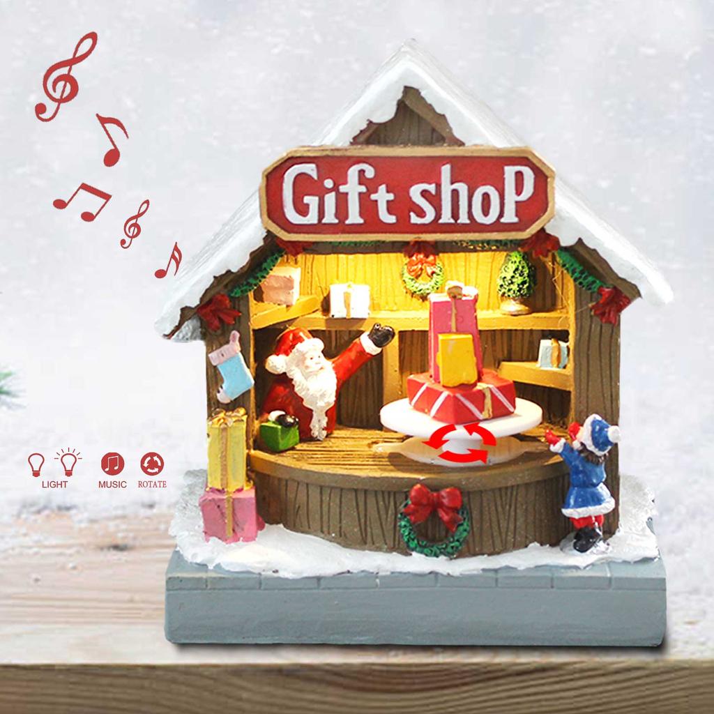 Animated Christmas Village Street Gift Shop with LED Light & Music, Resin Figurines Cute Santa Claus for Festive Decorations B/O