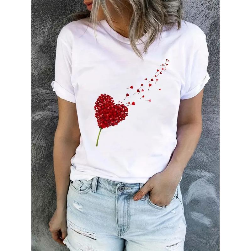 Women's Short Sleeved Valentine's Day Love 3D Printed Simple and Personalized Round Neck T-shirt
