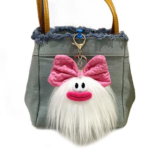 Keychain Cartoon Plush Doll Wearing Big Bowknot Decor Big Mouth Design Charm Key Chain