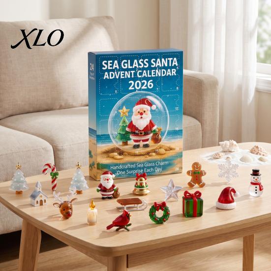 Decorative Sea Glass Charms Christmas Advent Calendar, 24-Day Acrylic 2D Ornament Set 24 Days of Countdown with Santa Gingerbread Man, Tree