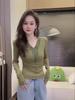 Women's Autumn/Winter 2025 Lace V-Neck Fleece-Lined Slim Fit Long Sleeve Top