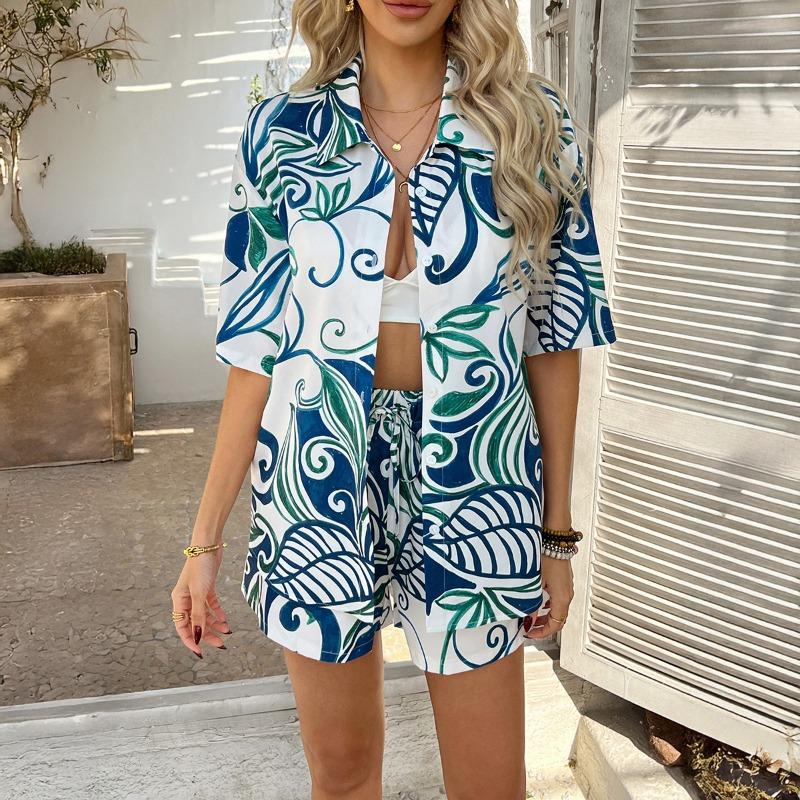 Women Fashion Casual Vacation Printed Short Sleeve Shirt And Shorts Set