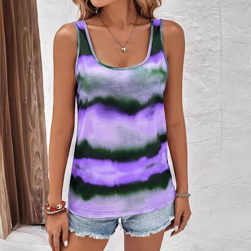 Letní Nové Dámské Oblečení Vícebarevný Potisk Bez Rukávů Vesta Volný Pruhovaný Top