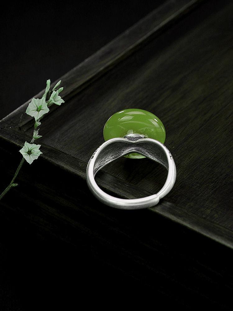 Retro Gilt Openwork Ruyi Ring: Natural Imitation Hetian Jade Peace Buckle with Auspicious Fu Character and Cloud Design for Women