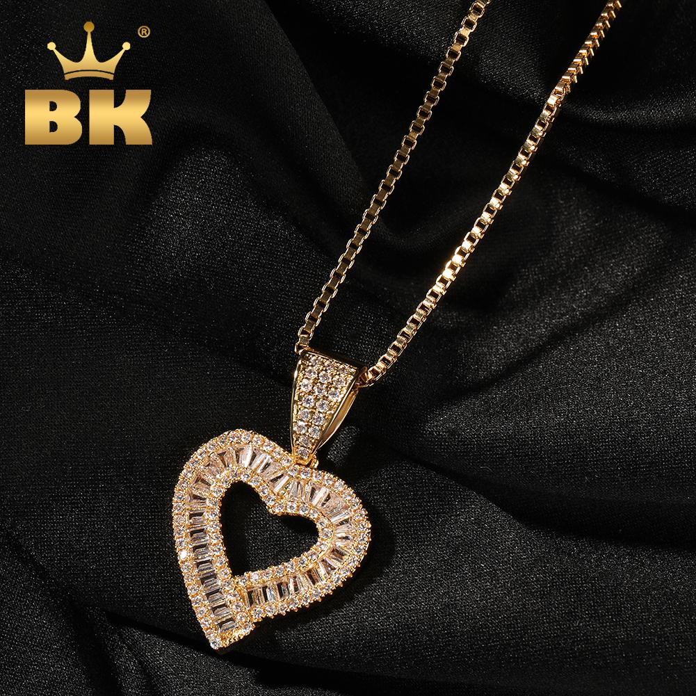 THE BLING KING Baguettecz Hollow Heart Pendant Box Chain Necklace Iced Out Cubic Zirconia Charm Engagement Jewelry For Gift
