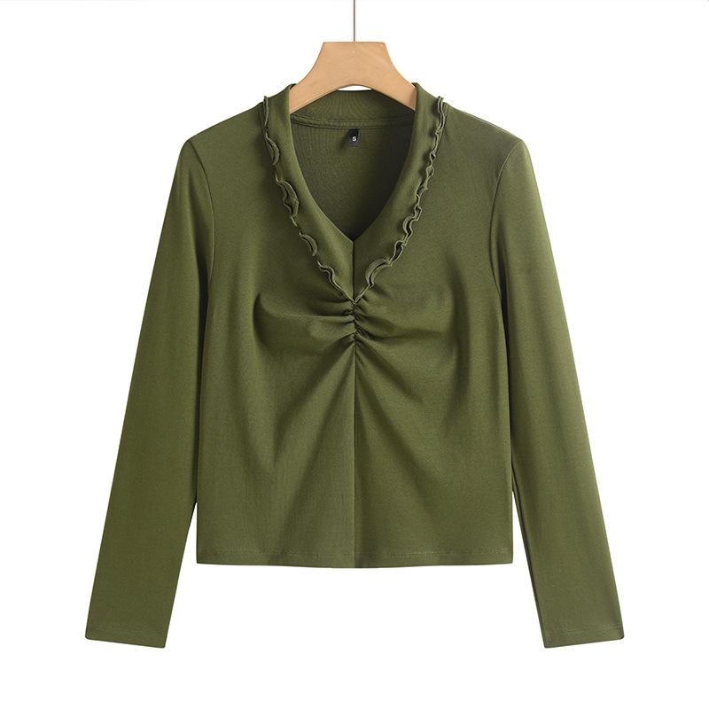 Женская футболка весна-лето, плотный плиссированный свитер с большим лацканом, правое плечо, узкая короткая женская футболка с длинными рукавами S