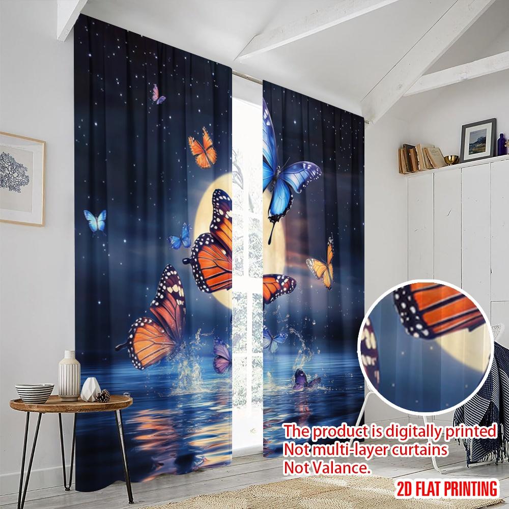 2pcs,2D Plane Printing Creative Curtains Moonlit Butterflies Versatile Durable Polyester (without Rod) All Seasons Ldeal for