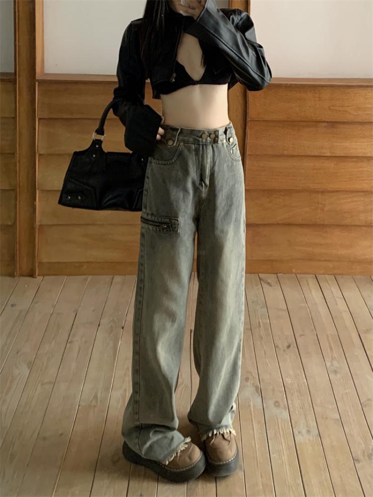 American 2000s Vintage Cargo Jeans Women High Waist Vintage Y2k Harajuku Denim Trousers Female Retro Fashion 90s Casual Wide Pants