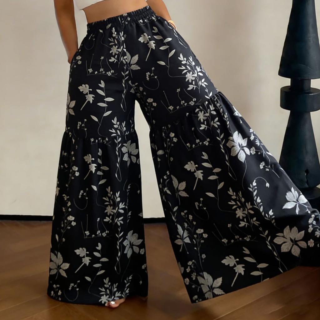 Women's High Waist Wide Leg Pants Loose Fit Lightweight Floral Print Casual Palazzo Trousers with Elastic Waistband and Side Pockets