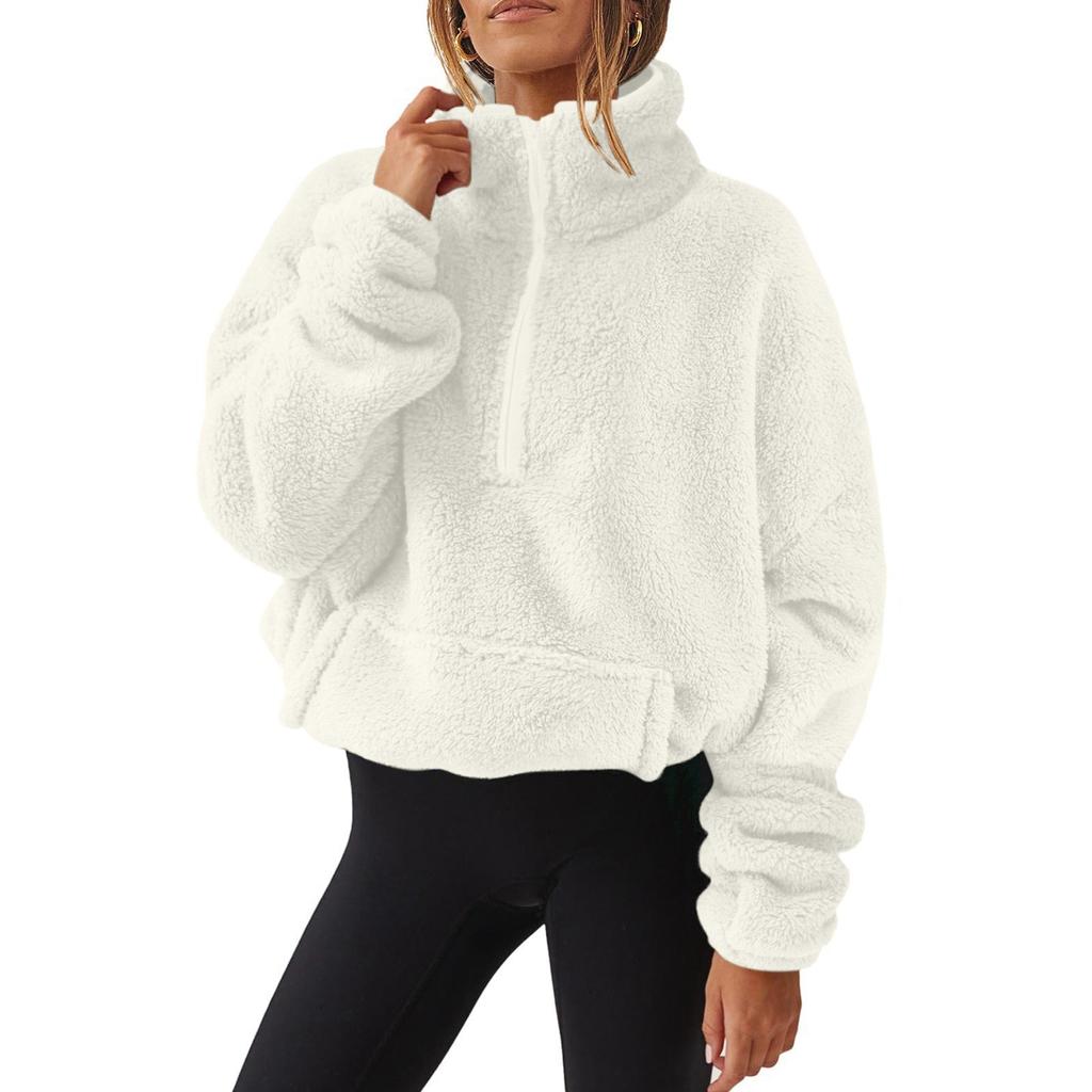 2026 Autumn Winter Women's Plush Fleece Half Zip Sweatshirt, Stand Collar Jacket with Pockets, Cozy Sherpa Lined Casual Top for Cold Weather