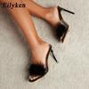 Fashion Eilyken Fashion Feather Thin Heels Fur PVC Slippers Sandals Women Peep Toe Mules Ladies Pumps Slides Shoes Size 35-42