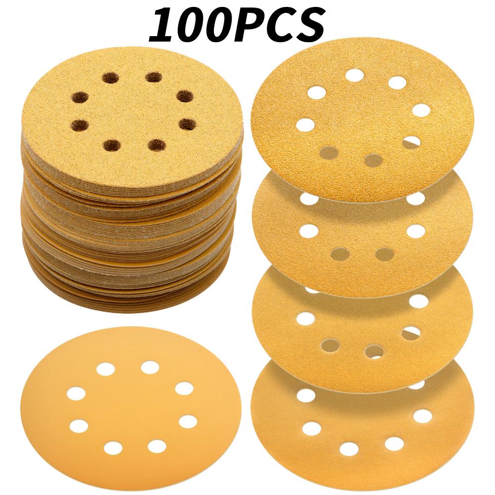 

100 шт. 125 мм 5 дюймов 8 отверстий Желтая наждачная бумага для дисковой шлифмашины Авто Деревообработка Резина Металл Шлифовальный диск Абразивный полировальный инструмент