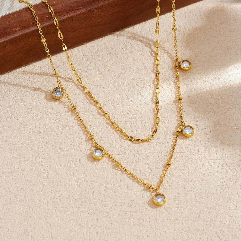 Gold Layered Chain Necklace with Crystal Drop Charms for Women