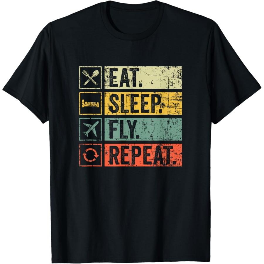 

Retro Vintage Eat Sleep Fly Repeat Funny Pilot For Women Men T-Shirt XXXXXL чорний