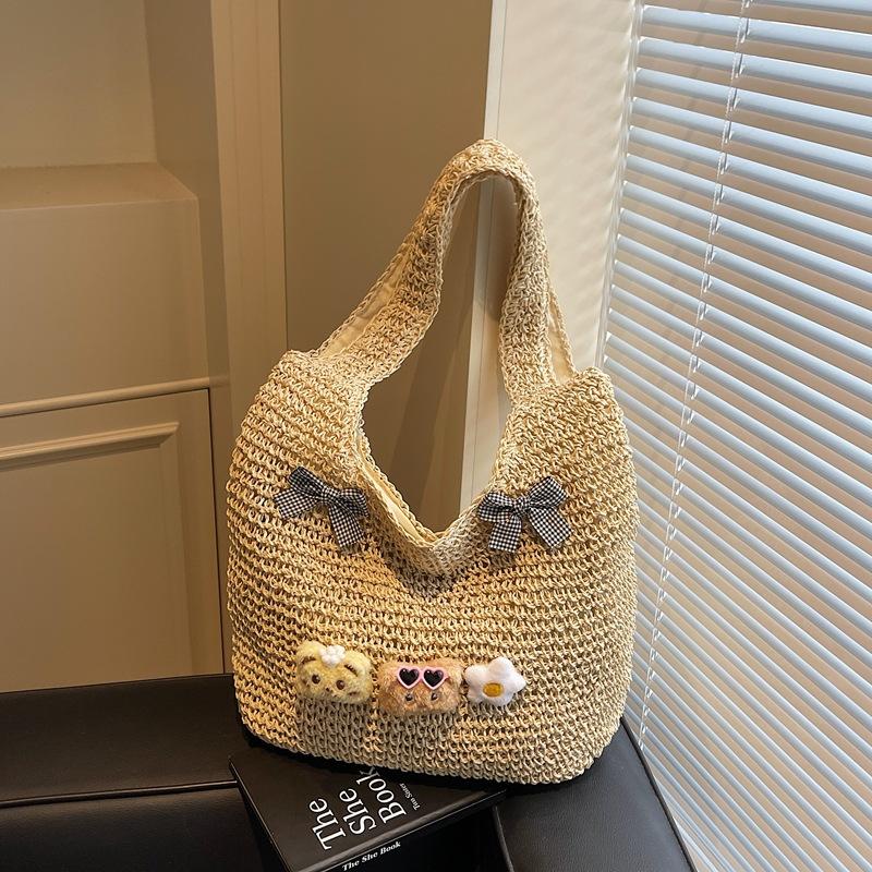 Cute Woven Straw Beach Bag Women's New Seaside Leisure Vacation Large Capacity Shoulder Tote Bag