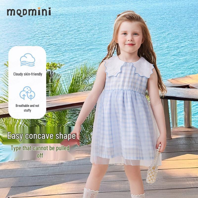 

MQDMINI Girls Summer Sleeveless Wave Lapel Princess Dress 100cm
