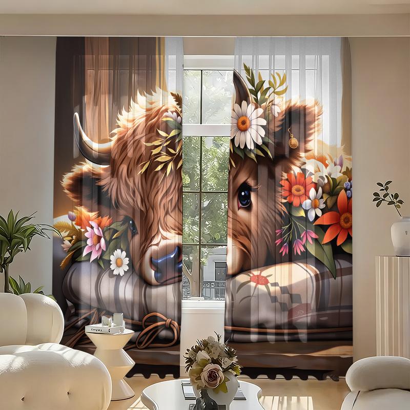 Floral Highland Cow Print Curtains, Set of 2, Cute Farm Animal Pattern Fabric Curtains 60×150cm(23.6×59in)