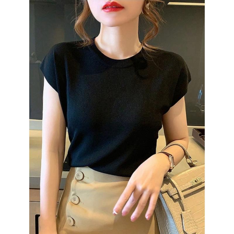 New ice silk knitted sweater women's summer thin shoulder sleeves loose and thin round neck short-sleeved bottoming top