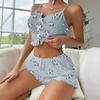 Damen-Pyjama-Set Gerippt Floral Rüschen 2-teilig Nachtwäsche Crop Cami Top und Shorts Weiche Pyjamas Loungewear Set