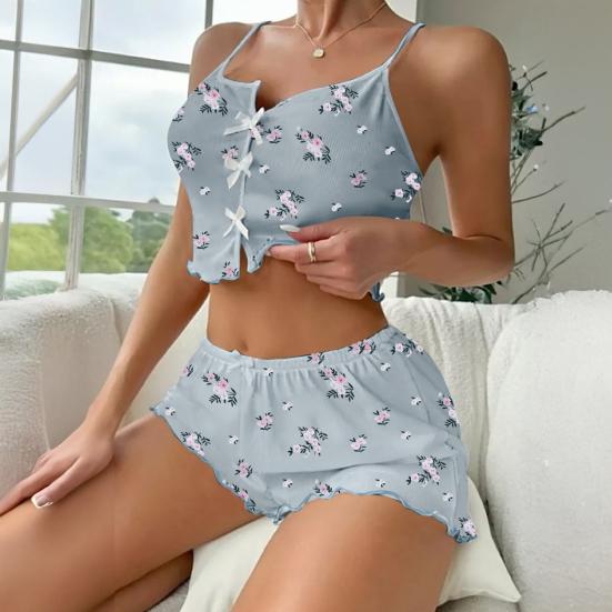 Damen-Pyjama-Set Gerippt Floral Rüschen 2-teilig Nachtwäsche Crop Cami Top und Shorts Weiche Pyjamas Loungewear Set