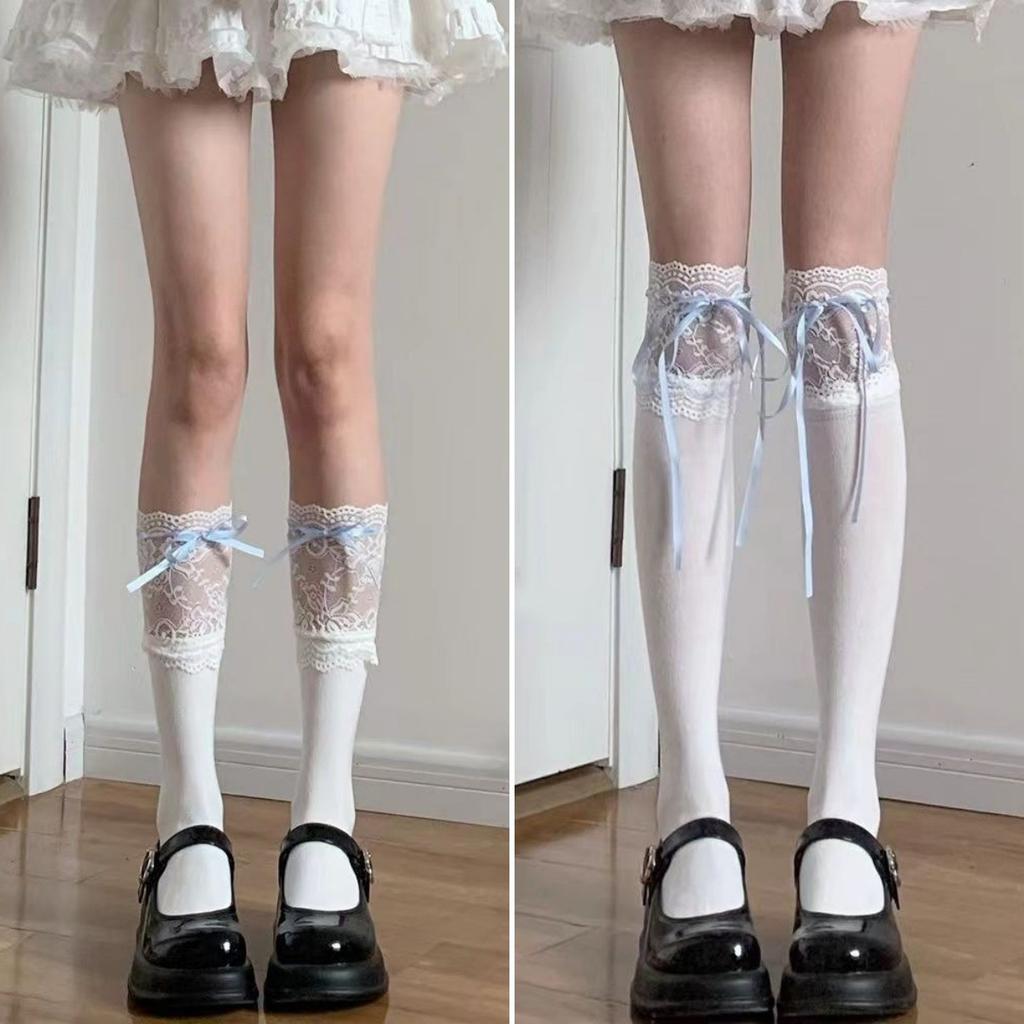 Lolita Lace Knee Socks White Women'S Ribbon Bow Medium Stockings Jk Autumn Thin Calf Socks