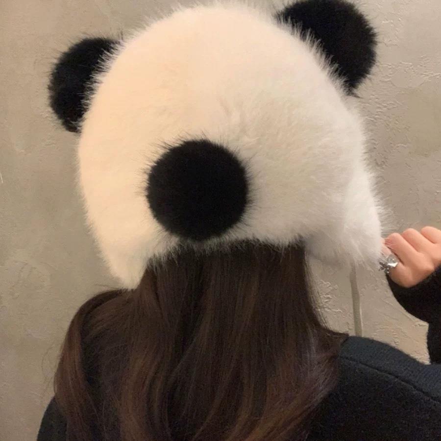 Winter female panda plush hat cute cartoon ear cap fluffy warm windproof cover
