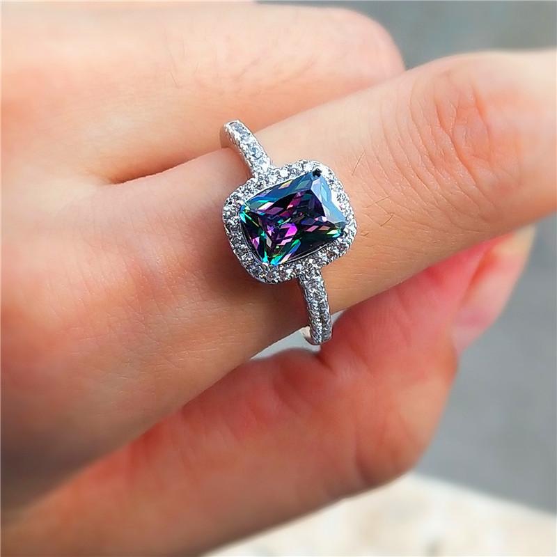 Fashion Mystic Fire Crystal Stone Rings For Women CopperColor Square Blue Pink Zircon Wedding Engagement Ring Boho Jewelry