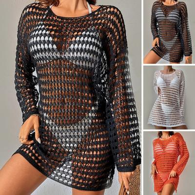 Sexy Bikini Cover Up O-neck Long Sleeve Crochet Beach Dress Solid Color See-through Hollow Swimsuit