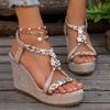 Printed Weaving Wedge Sandals for Women 2025 Summer Thick Bottom Beach Shoes Woman Flower Decor Chunky Platform Sandalias Mujer