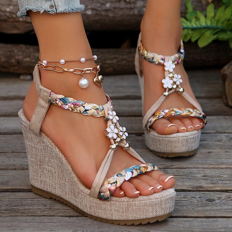 Printed Weaving Wedge Sandals for Women 2025 Summer Thick Bottom Beach Shoes Woman Flower Decor Chunky Platform Sandalias Mujer