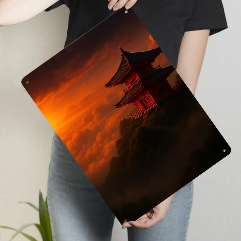 

Chinese Ancient Architecture Sunset Clouds Art Custom Iron Wall Decor for Living Room Study 20x30cm（7.8x11.8inch）