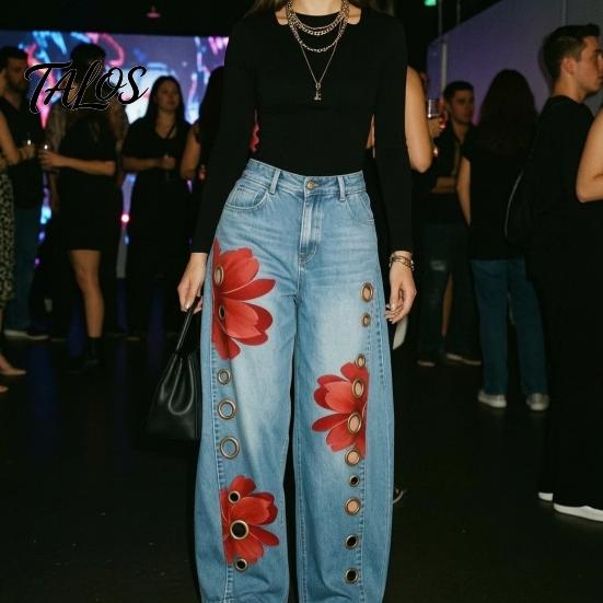 Women Wide Leg Pants High Waisted Jeans, Vintage Floral Print Faux Denim Casual with Pockets Trousers, Loose Fit & Metal Eyelets Street Style Clothing