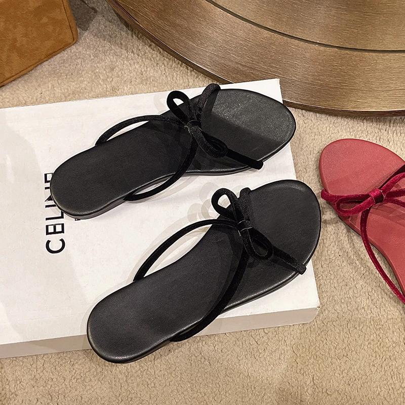 Fashion 2024 New Fashion Luxurious Velvet Bow Slippers Women's Sweet Velvet Flip Flop Women's Casual Outdoor Thin Strap Sandals Zapatos