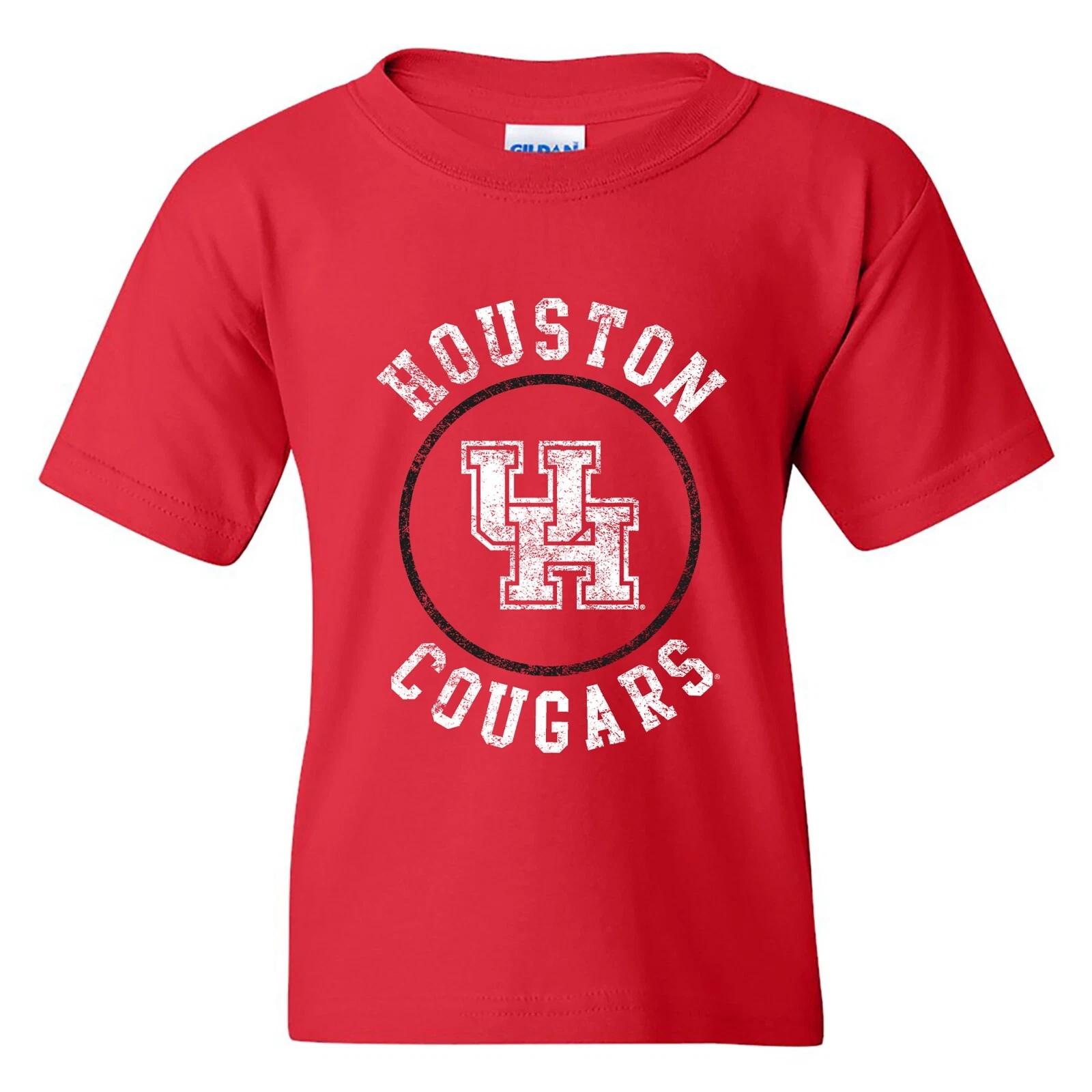 Houston Cougars Distressed Circle Logo University College Youth T-Shirt - Red 4XL