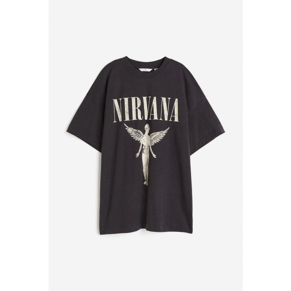 

H&M Длинная футболка с принтом Темно-серая Nirvana 1002471048