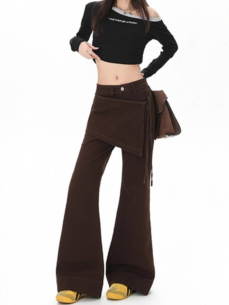 Women's Autumn Brown Faux Two-Piece High-Waisted Micro-Flare Jeans with Mallard-Inspired Wide-Leg Design