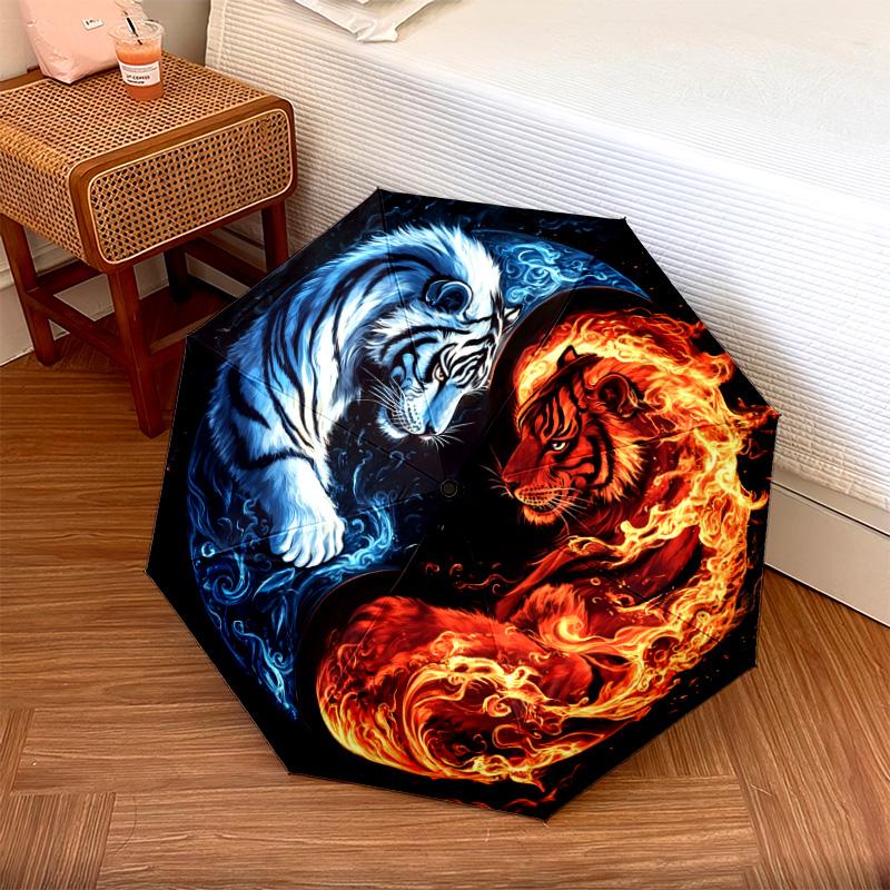 1 PC Automatic Folding Umbrella - Yin Yang Tiger Pattern, Portable & Foldable Design with 8 Ribs, Christmas Birthday Gifts