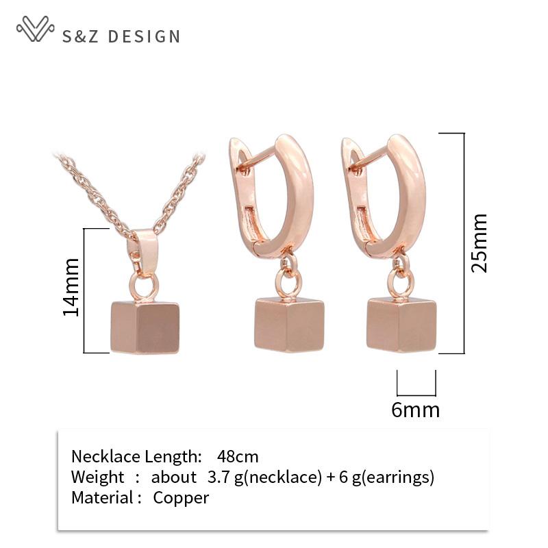 Fashion Simple Rose Gold Color Smooth Cubic Metal Drop Earrings Jewelry Sets For Women Girls Daily Pendant Necklace
