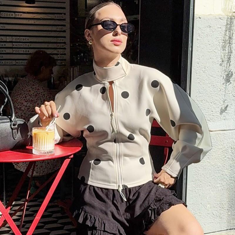 Womens High Neck Polka Dot Zip-Up Blazer Coat Loose Fit Office Chic Winter Outwear