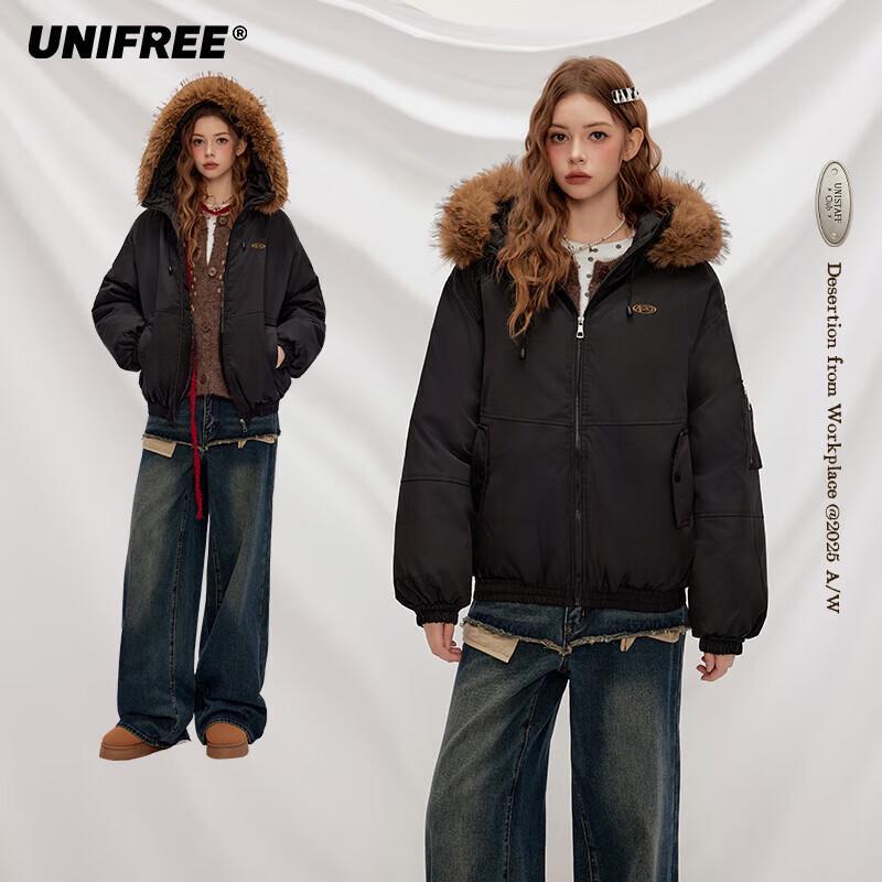 UNIFREE American Retro Hooded Padded Jacket with Fur Collar