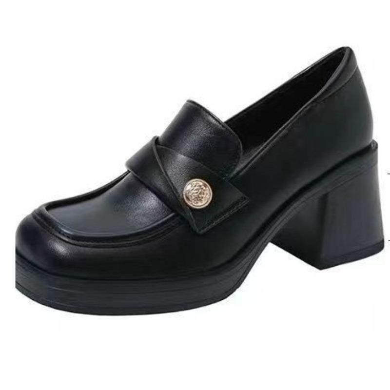 Women'S Fashion Thick Heel Single Boots Fall New Square Head Deep Mouth Metal Buckle Anti-Slip Wear-Resistant Low-Top Shoes